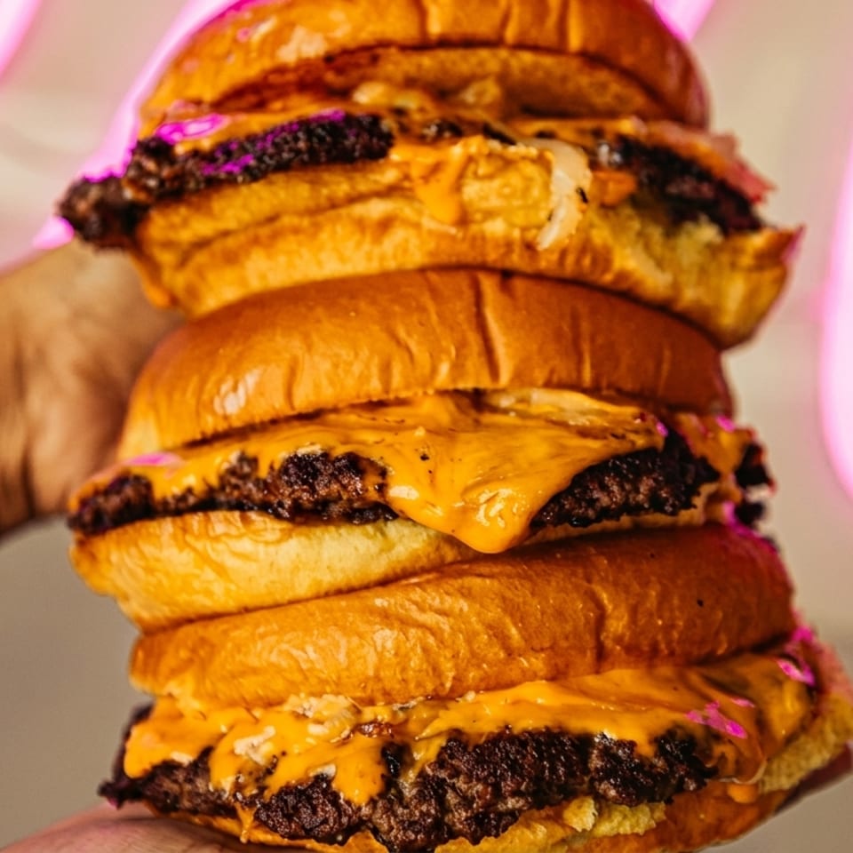 A hand holds a towering stack of four cheeseburgers with melted cheese and beef patties.