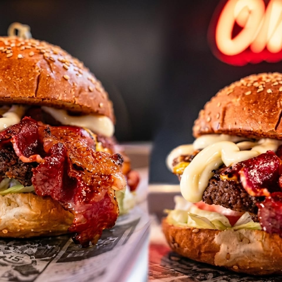 Two juicy burgers with bacon, cheese, lettuce, and mayonnaise, with a neon sign in the background.