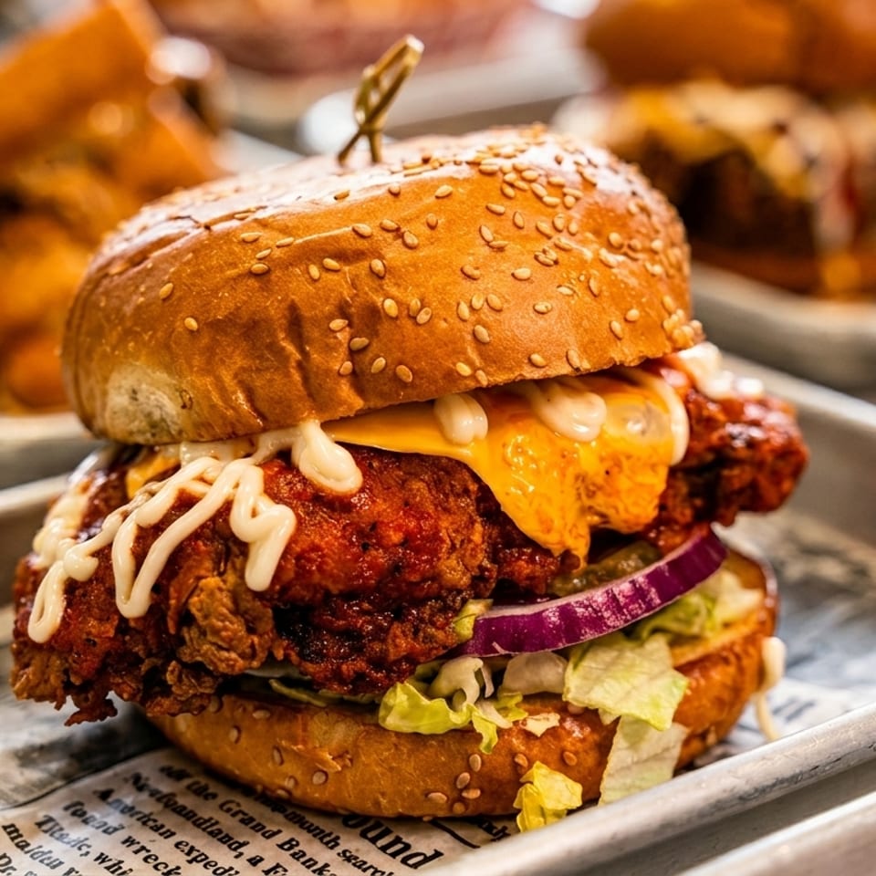 A crispy fried chicken sandwich with cheese, lettuce, red onion, and white sauce on a metal tray.