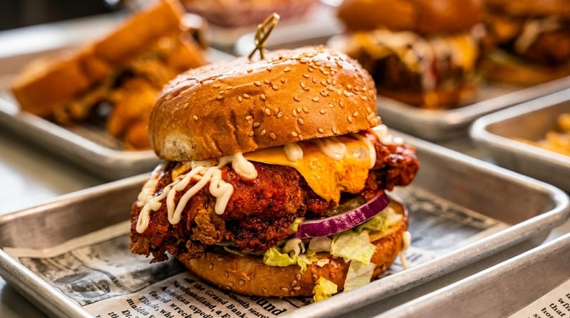 A crispy fried chicken sandwich with cheese, lettuce, red onion, and white sauce on a sesame bun.