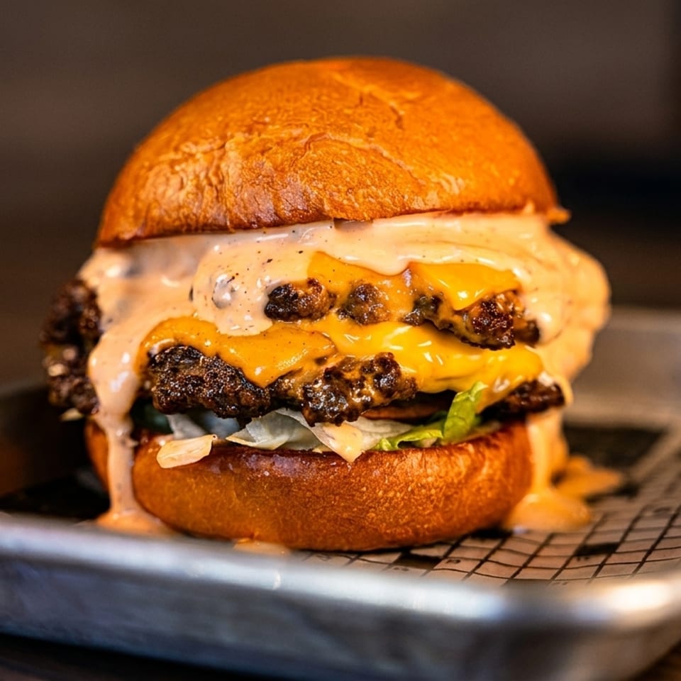 A double smash burger with melted cheese, lettuce, and special sauce on a brioche bun.