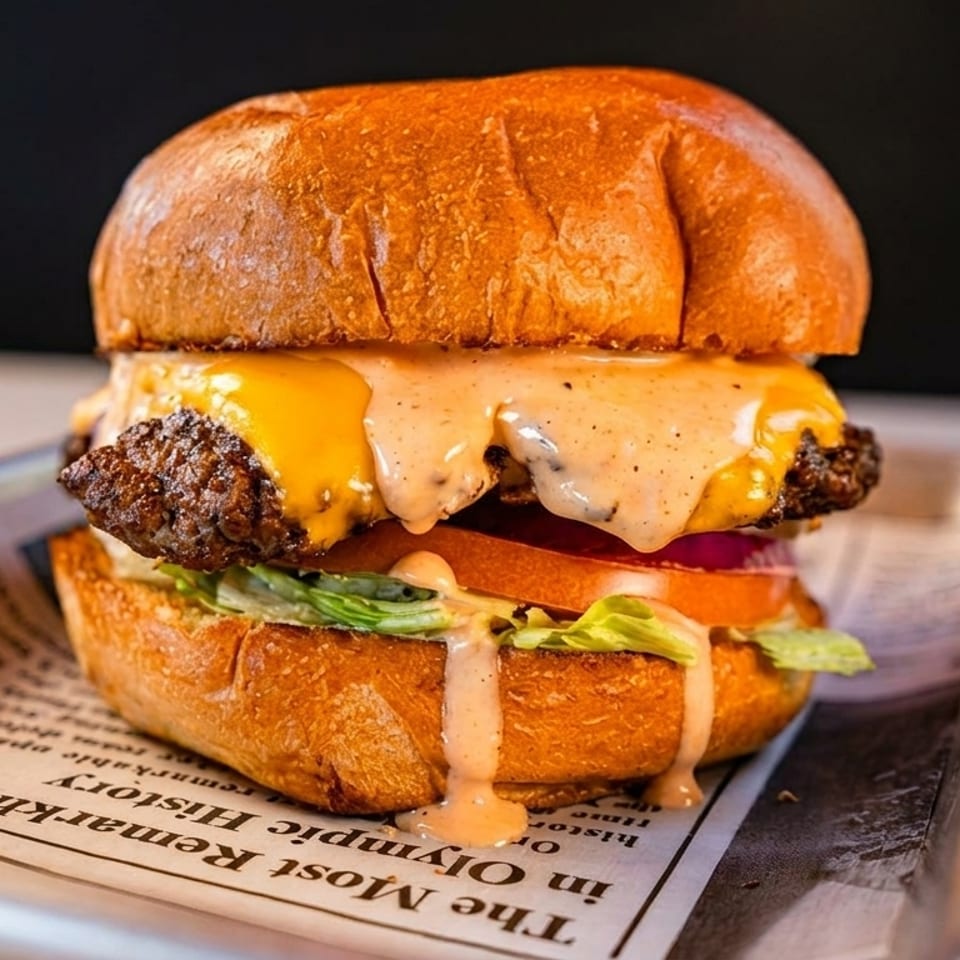 Cheeseburger with melted cheese, special sauce, lettuce, tomato, and red onion on a brioche bun.