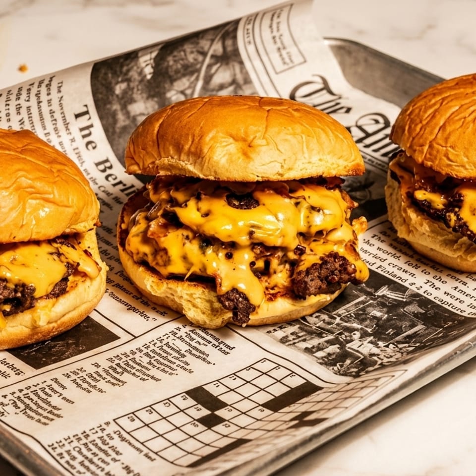 Three cheesy smash burgers with caramelized onions on a metal tray lined with newspaper.