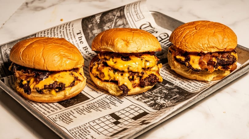 Three cheesy smash burgers with caramelized onions on a metal tray lined with newspaper.