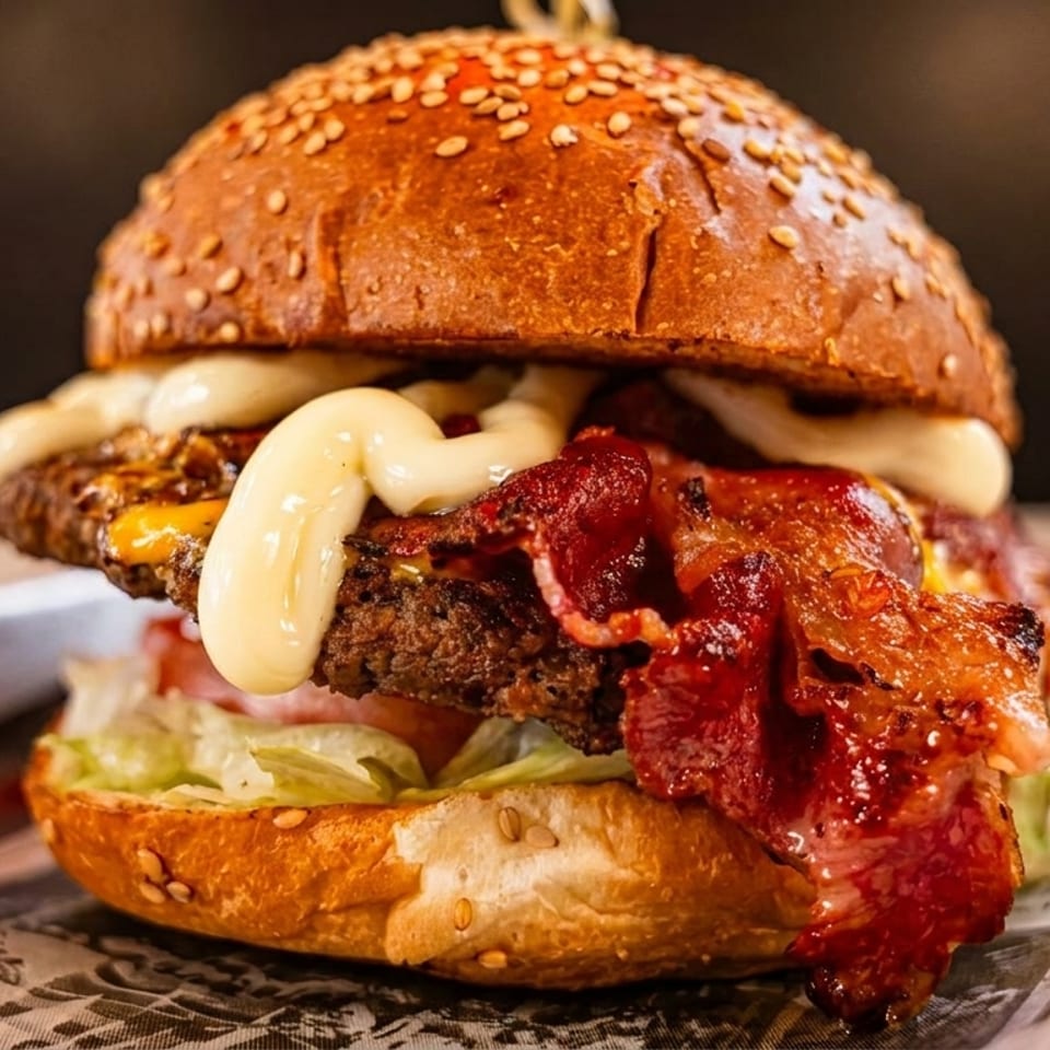 Close-up of a juicy bacon cheeseburger with mayonnaise, lettuce, and tomato on a sesame seed bun.