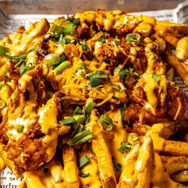 Crispy fries topped with melted cheese, chicken, shredded cheese, and green onions, served in a newspaper-lined basket.