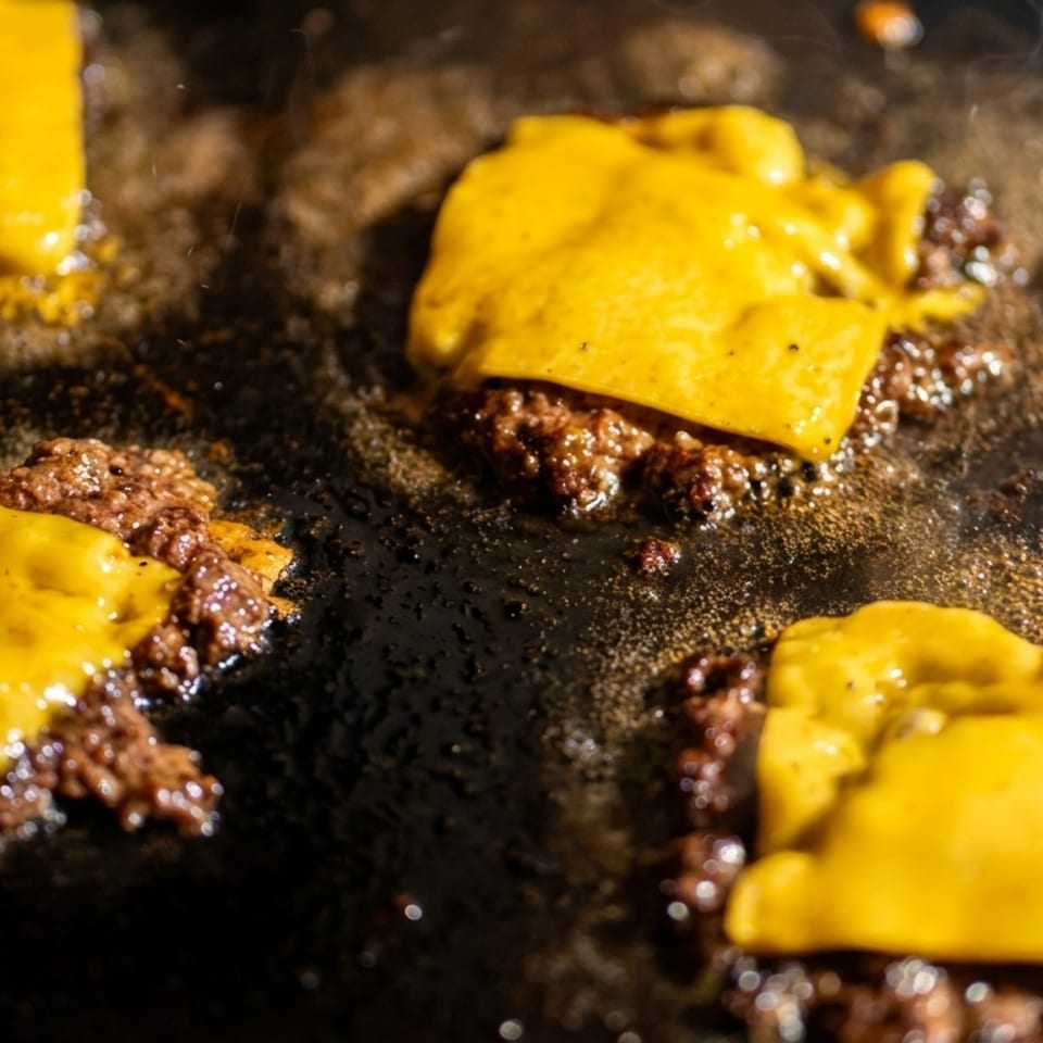 Close-up of several smashburger patties with melting yellow cheese cooking on a hot griddle.