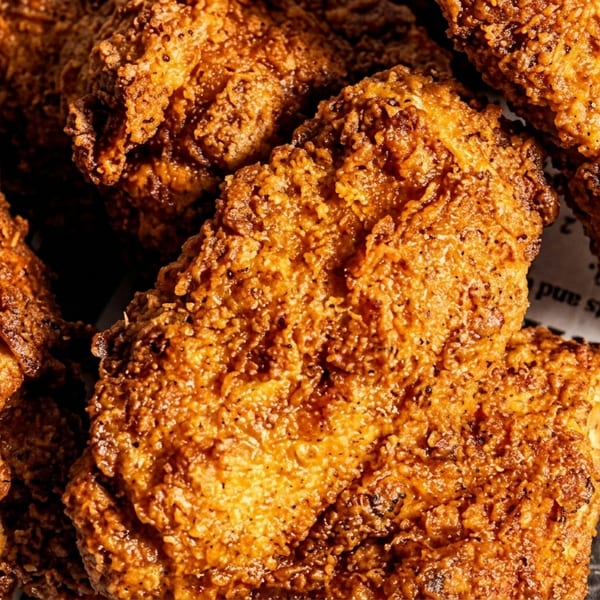Close-up of crispy, golden-brown fried chicken pieces resting on newspaper.