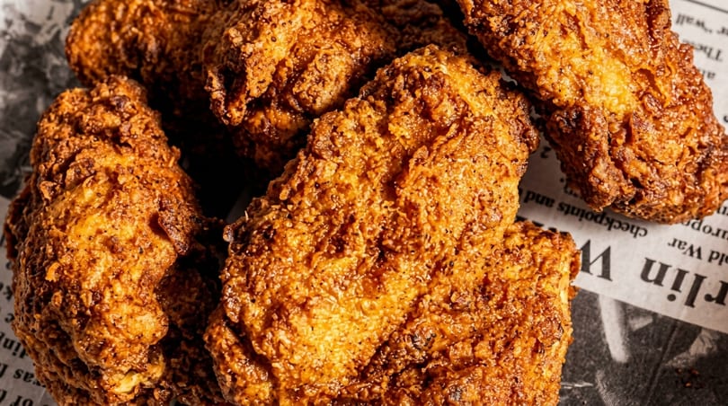 Close-up of crispy, golden-brown fried chicken pieces resting on newspaper.