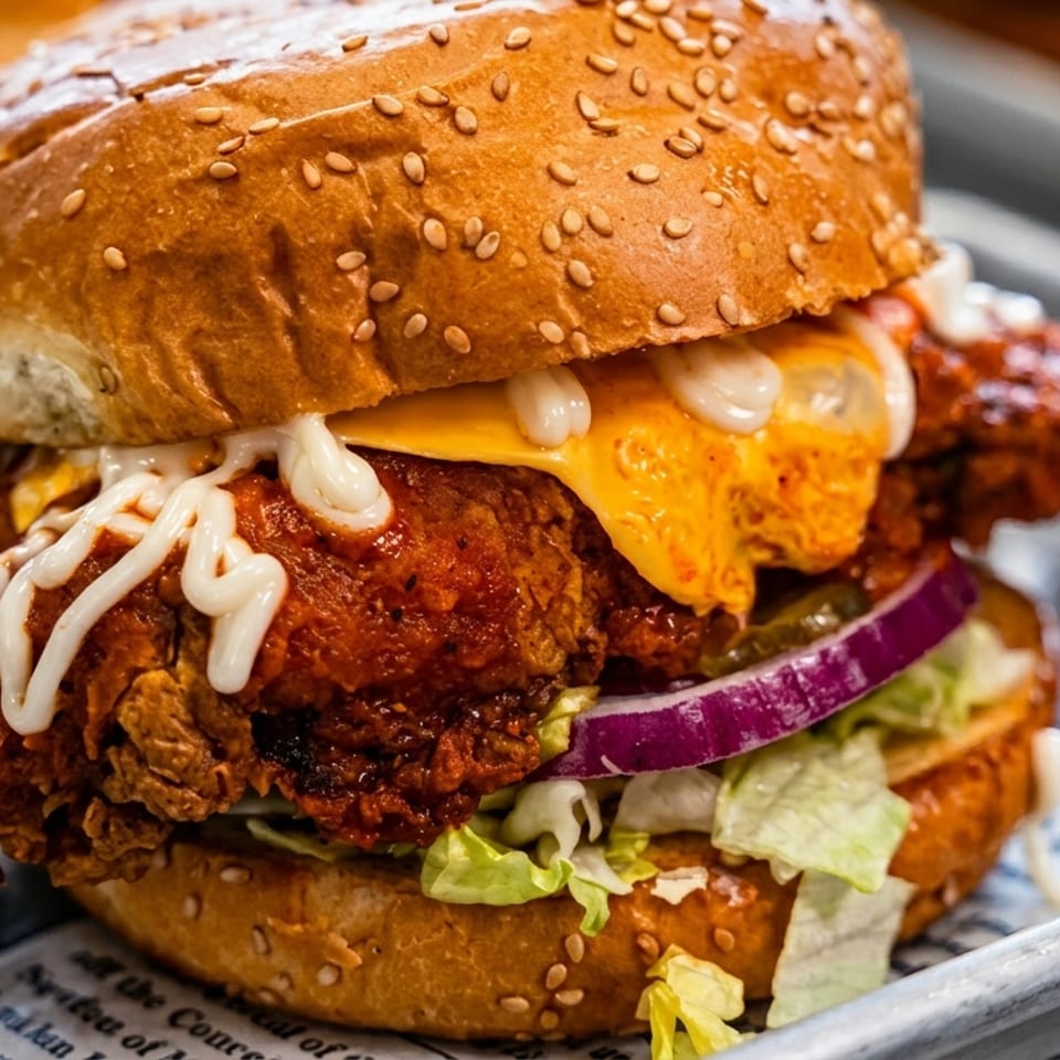 Spicy fried chicken sandwich with melted cheese, red onion, lettuce, and white sauce on a sesame bun.