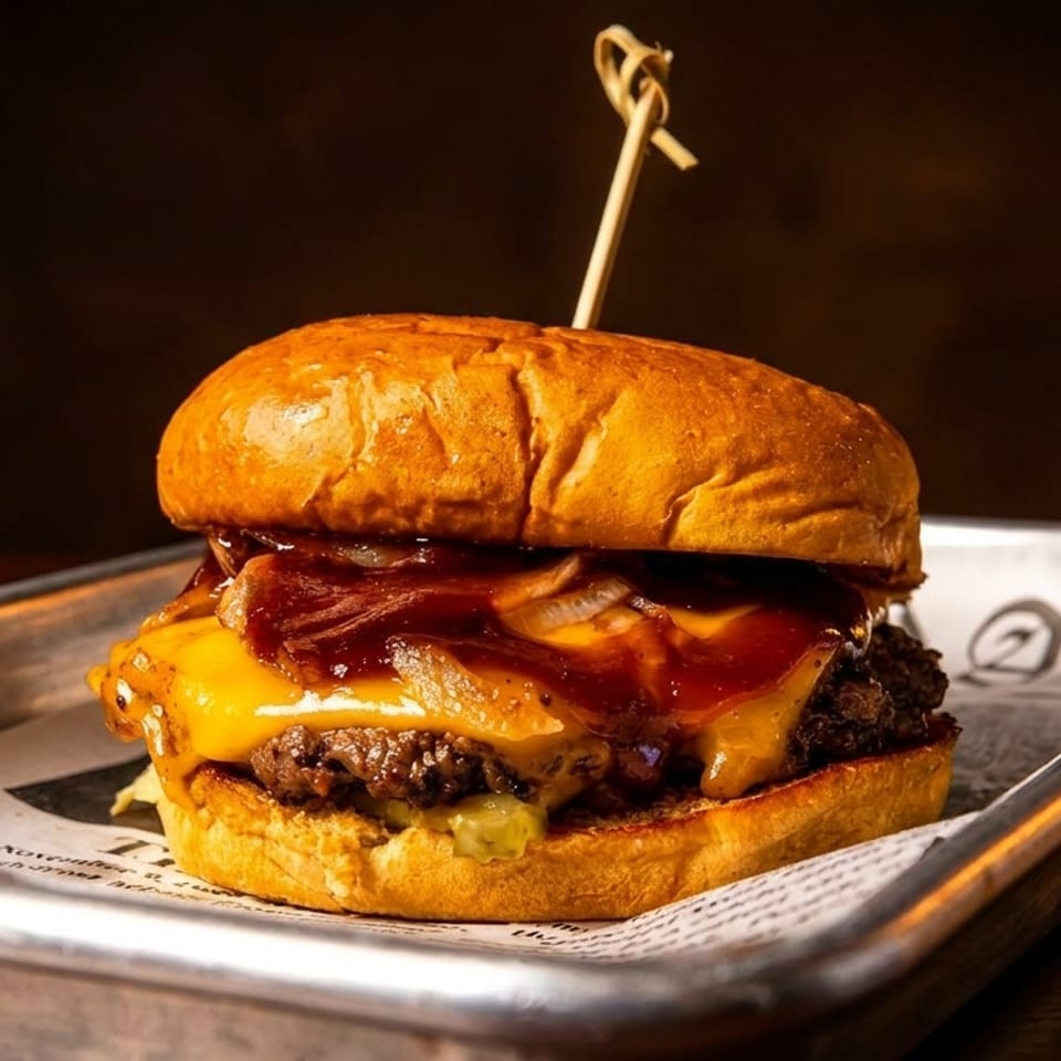 Gourmet burger with melted cheese, caramelized onions, and BBQ sauce on a brioche bun.